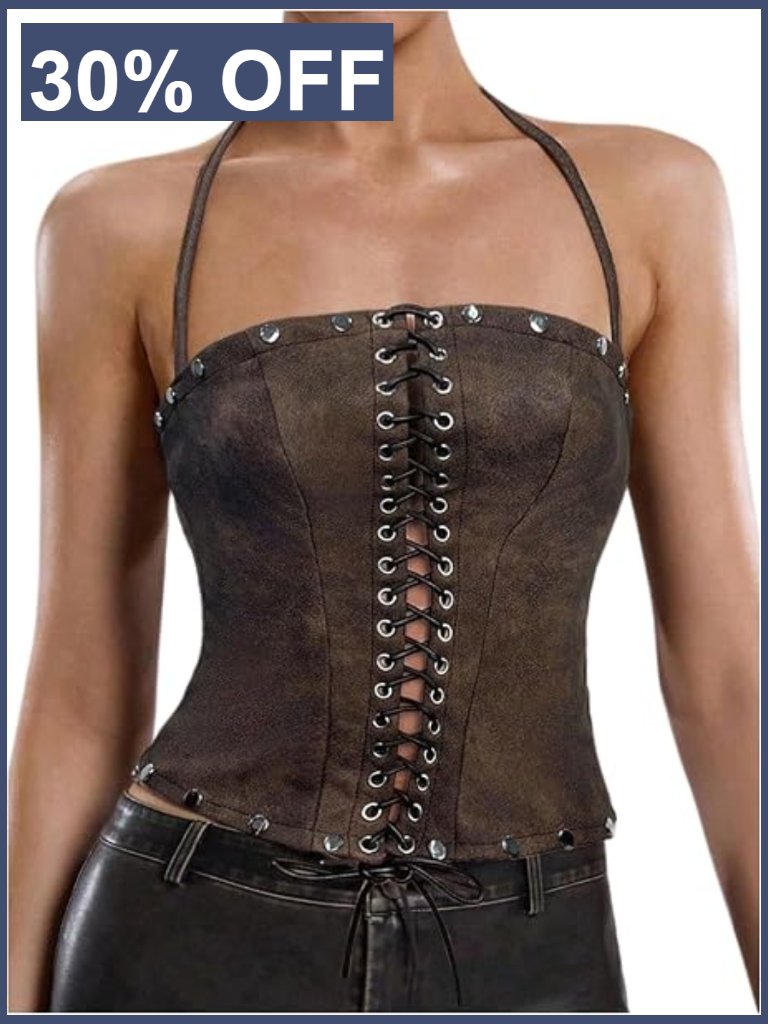 Women's Pu Leather Lace Up Halter Top Sleeveless Backless Camisole
